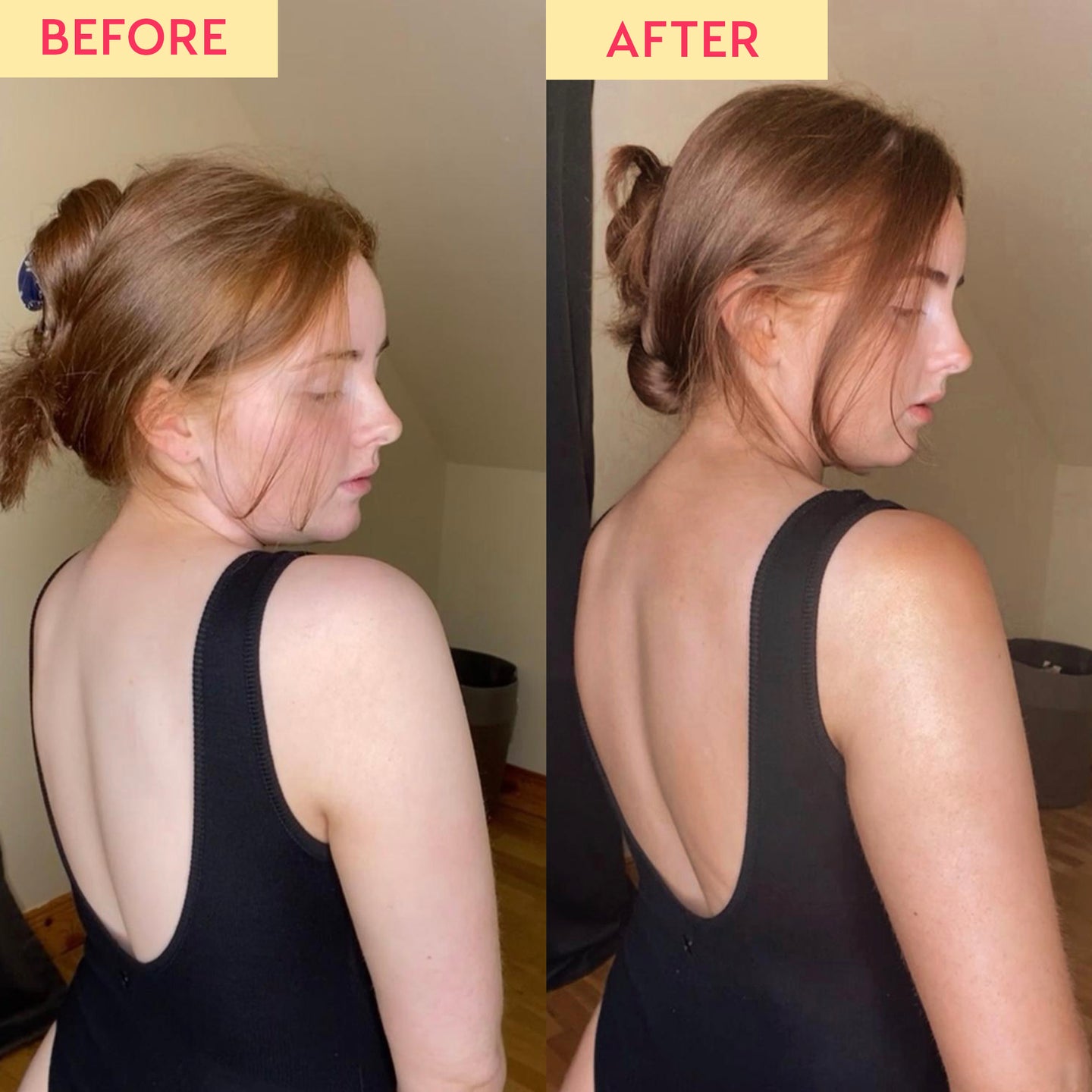 Before and after image of a woman's back. The before image shows pale skin and the after image shows a natural,  medium tan as a result of using the He-Shi Express Liquid Tan